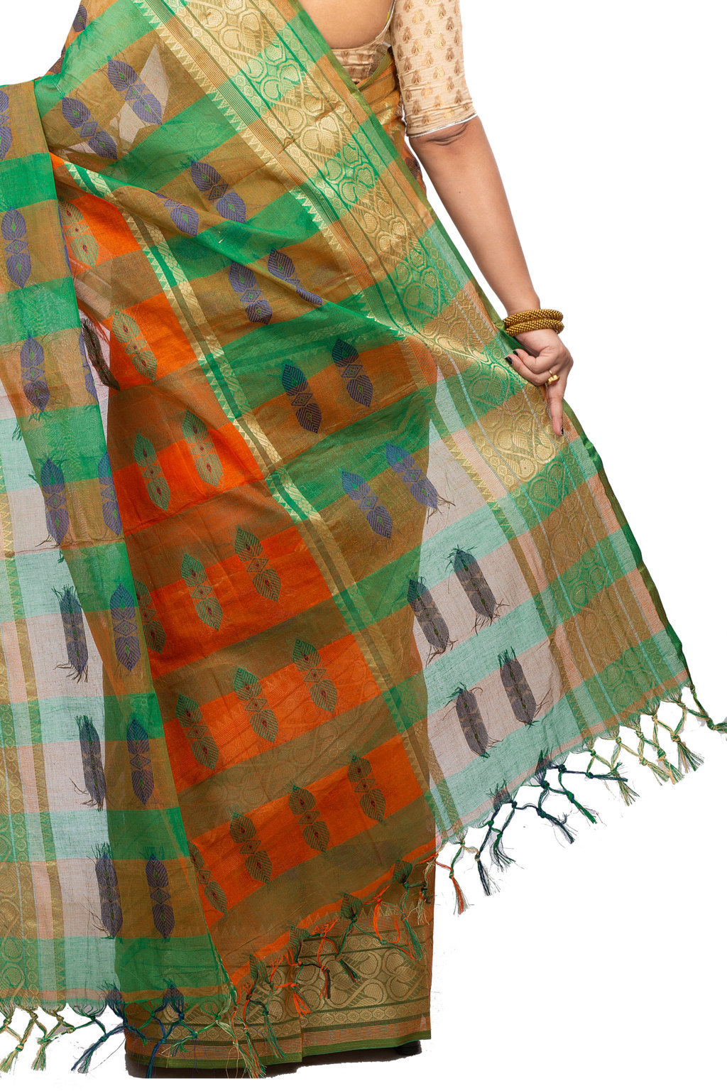 Orange Green Pure Cotton Raj Nandi Desigine Tant Saree (2830)